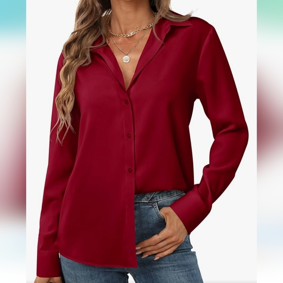 Luxveer Women's Long Sleeve Button Down Classic Collared Shirt ~ Wine Red - Picture 3 of 10